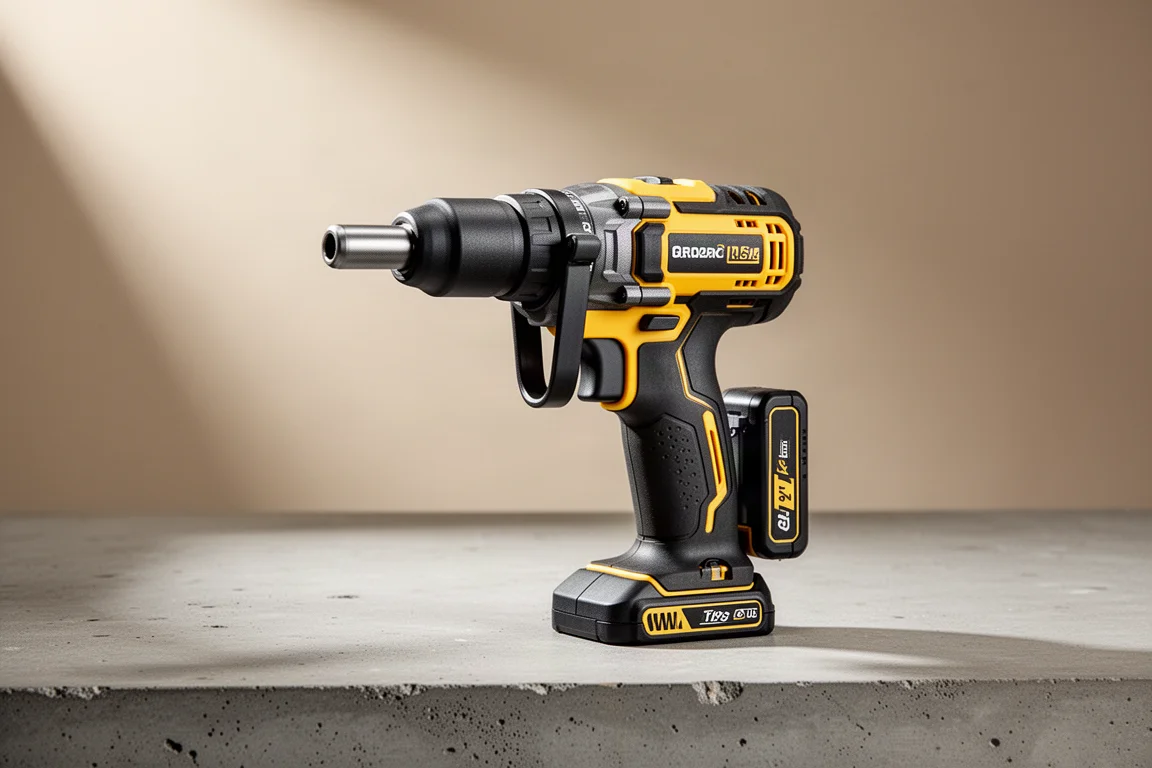 Compact cordless SDS Plus rotary hammer standing on a concrete workshop surface