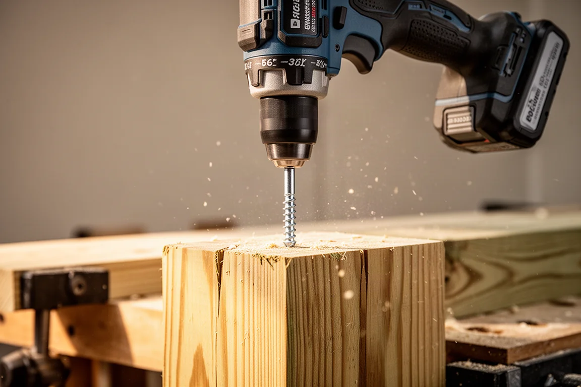 Compact impact driver driving a lag bolt into a treated 6x6 timber