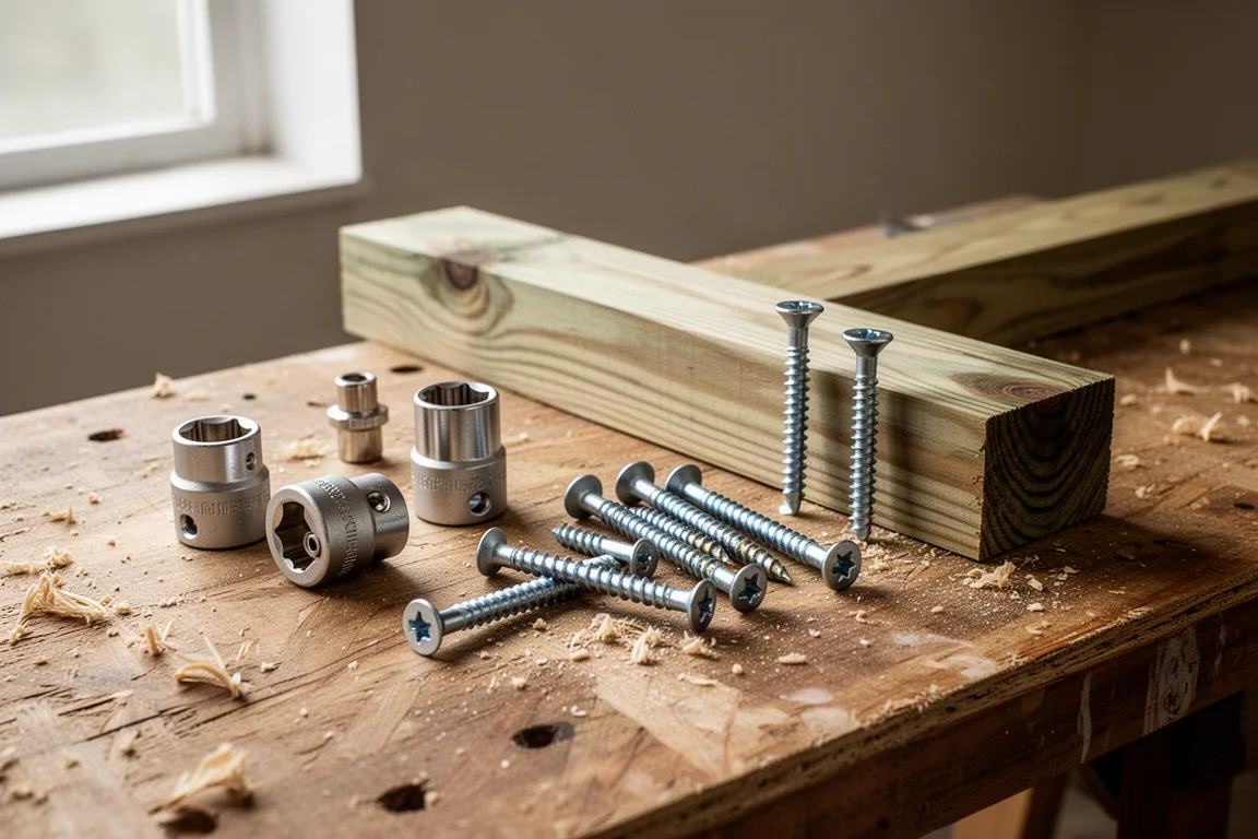 Workshop scene with timber post, sockets and adapters laid out