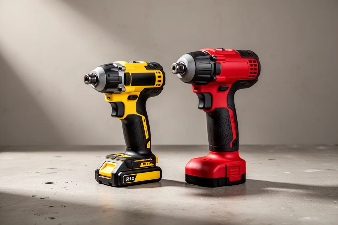 DeWalt and Milwaukee impact drivers side by side on concrete