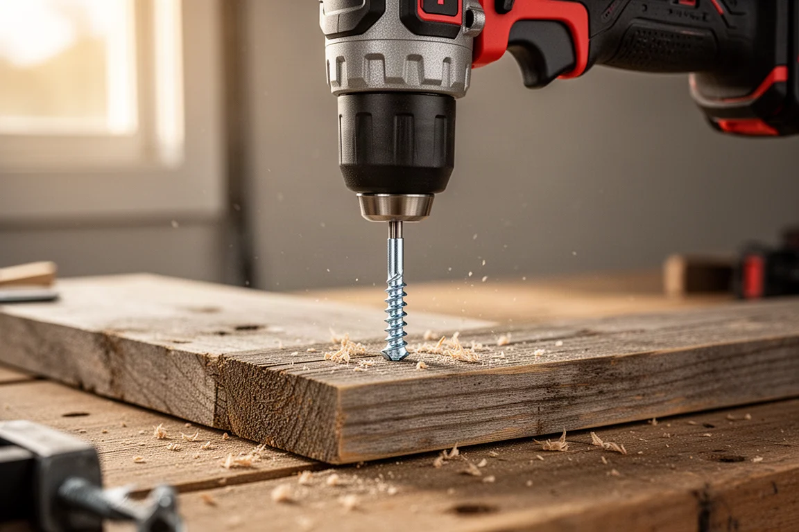 衝擊起子機在戶外將螺絲釘入木板的畫面