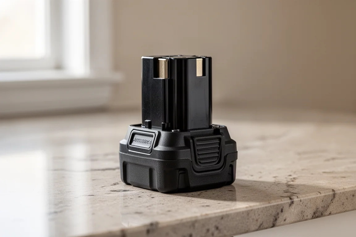 Närbild på ett batteripaket med gummiöverdrag som står på en färdigställd bänkskiva