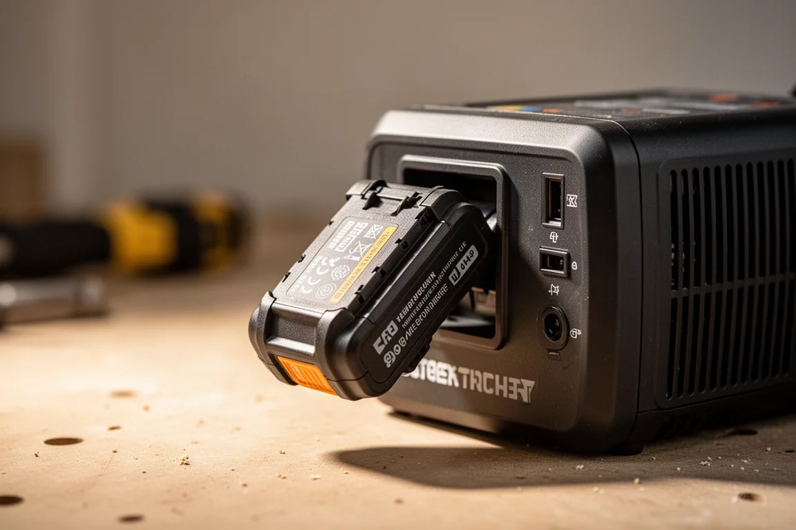 Close-up of a tool battery sliding into an inverter slot on a workbench