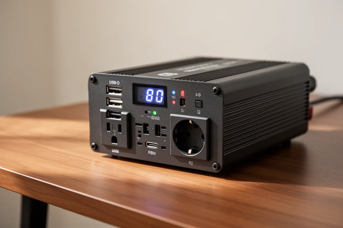 Inverter control panel with USB and mains outlets softly lit