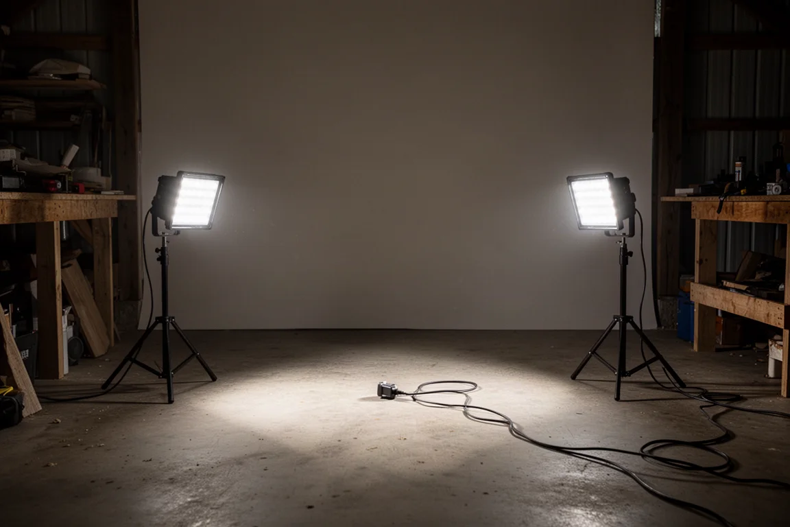 LED work lights glowing in a dimly lit room powered by portable battery