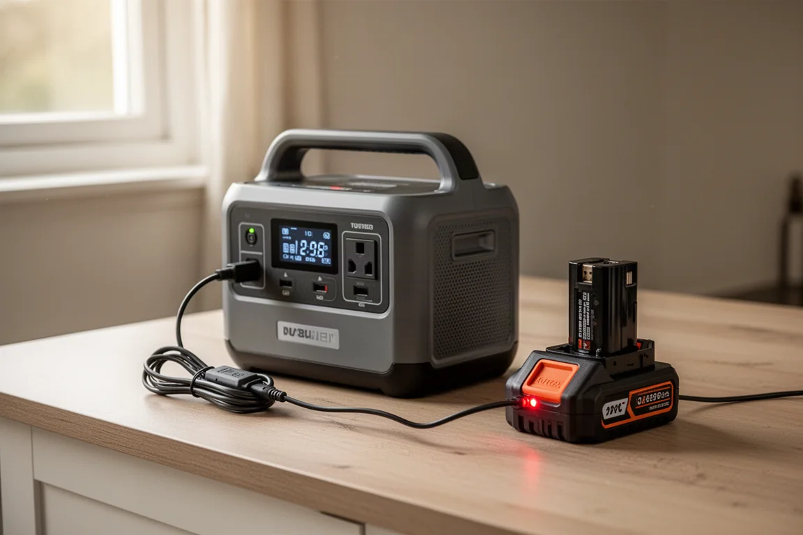 Compact power station charging a battery pack on a kitchen worktop