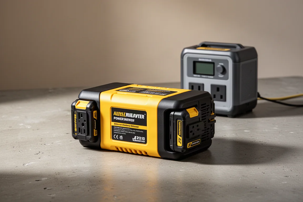 Four-battery yellow power inverter with battery packs beside a compact power station on concrete