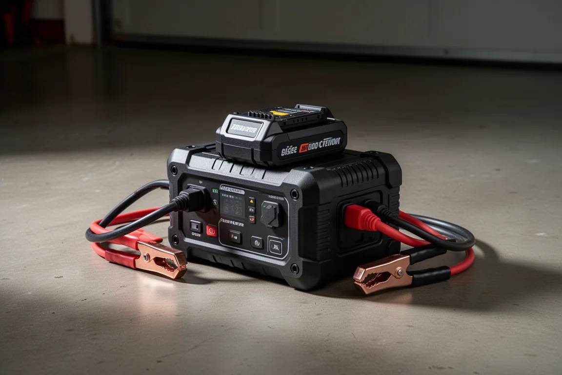 DeWalt battery jump starter with clamps and slide-in battery on concrete floor
