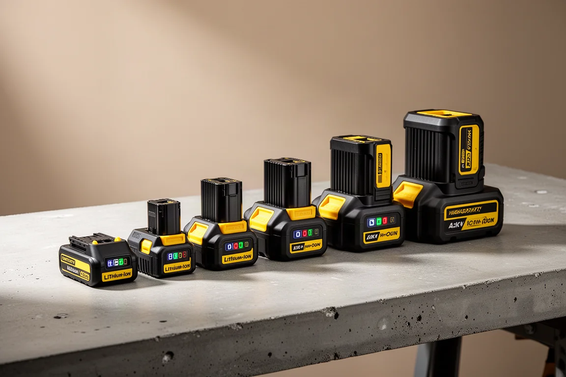 Lineup of DeWalt cordless tool batteries arranged by size on a concrete workbench