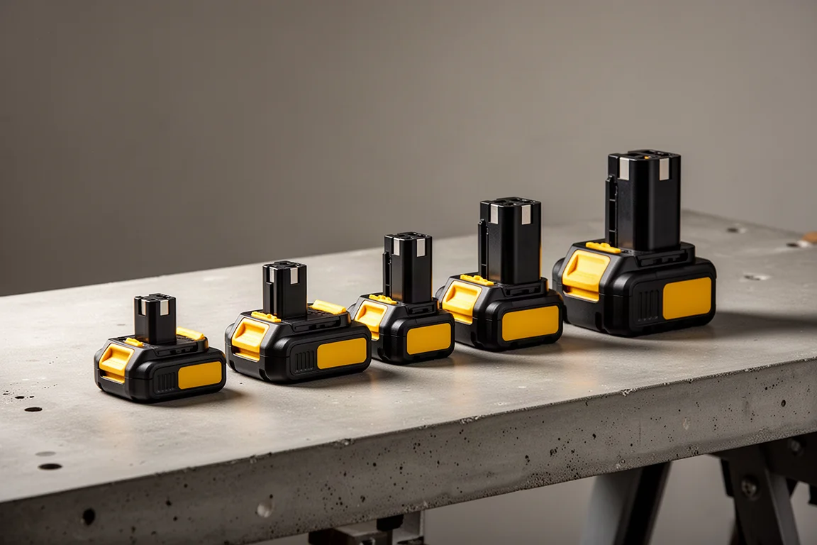 DeWalt batteries of varying sizes lined up on a workbench