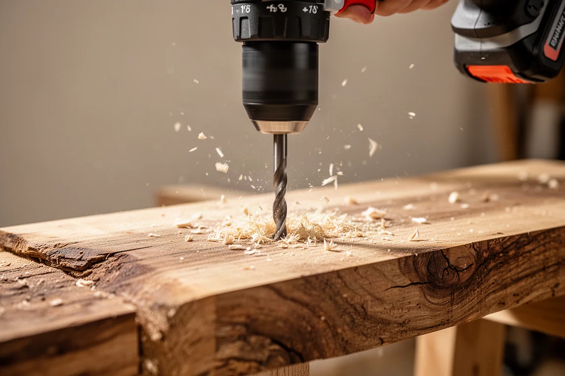 Accuboormachine die een dikke houten plank doorboort met rondvliegende houtspaanders