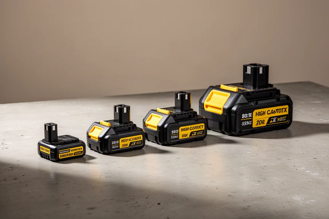 Row of DeWalt battery packs in increasing sizes on a concrete surface
