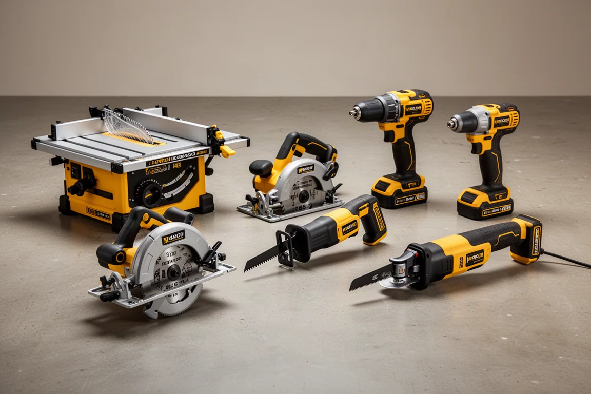 Collection of yellow and black cordless power tools arranged on a workshop floor