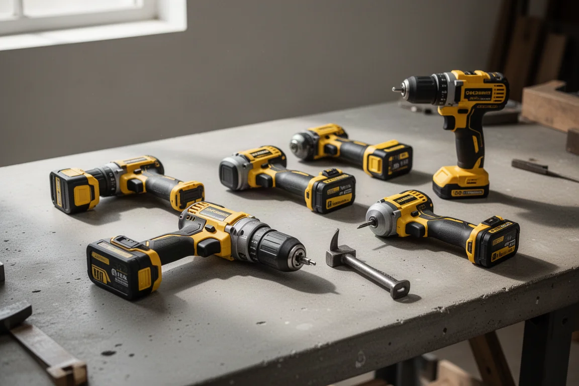 Cordless power tools arranged on a workshop bench under natural light