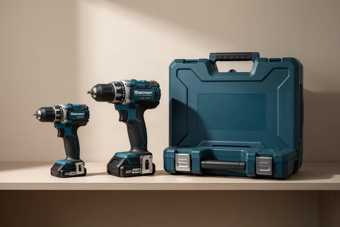 Two cordless drill kits on a store-style shelf showing different product tiers
