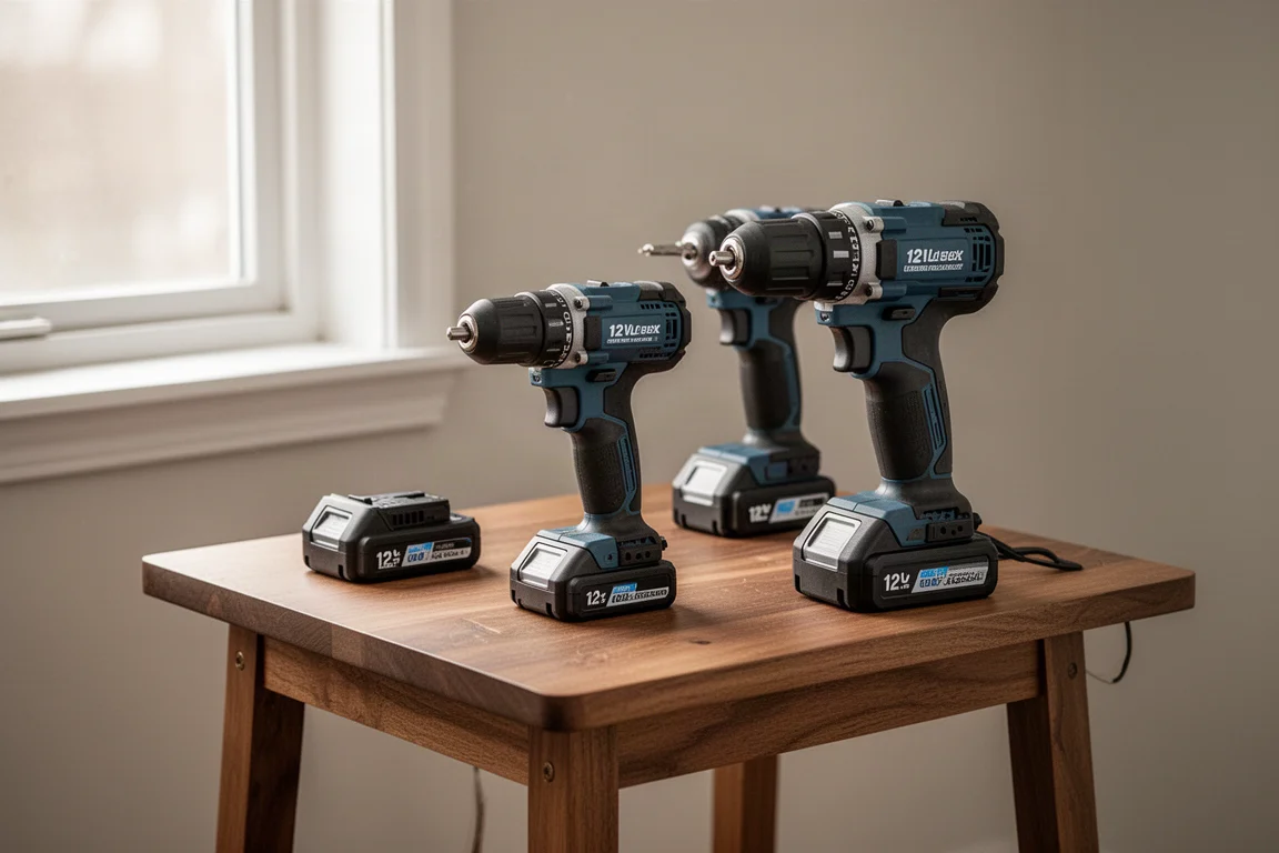 Compact 12 volt slide-pack power tools on a small workbench