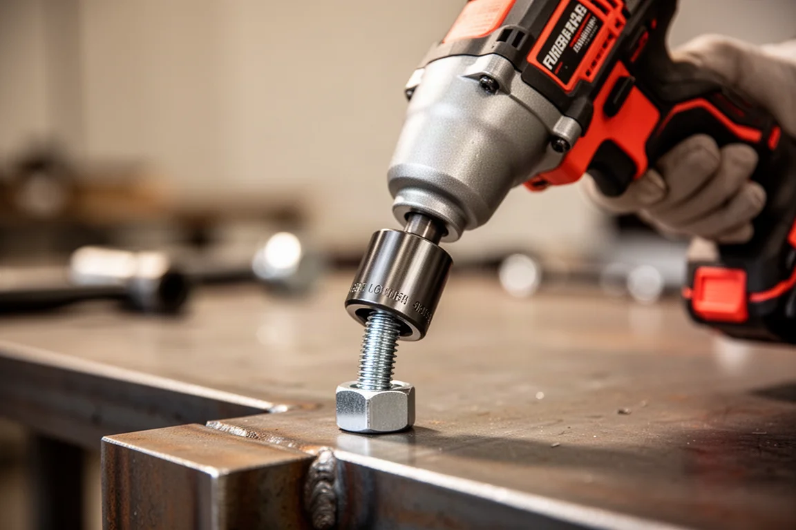 Impact wrench loosening a large bolt on a mechanical work surface