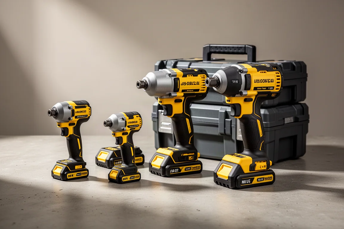 Cordless power tools arranged on a workshop surface under soft studio light