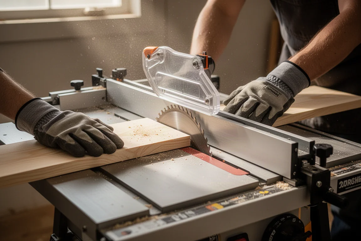 Carpenter pushing a board through a compact jobsite table saw fence