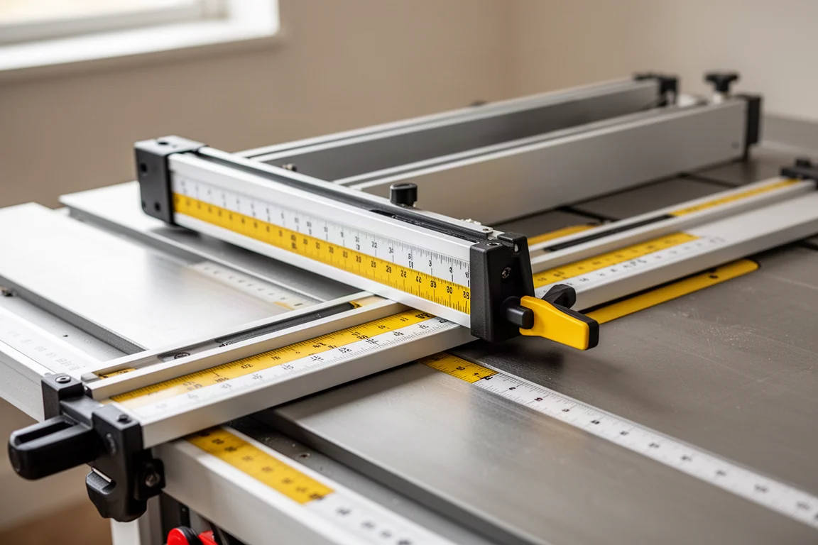 Close-up of a sliding rip fence rail with measuring rulers on a table saw