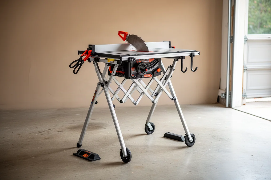 Compact scissor-style rolling saw stand with a table saw mounted on top