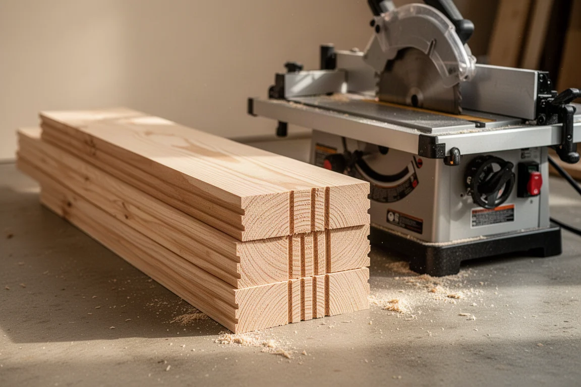 Stack of fresh rip-cut dimensional lumber beside a table saw