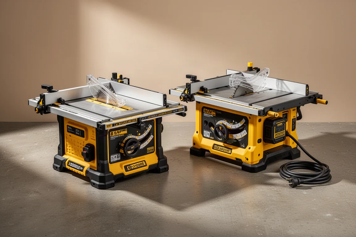 Two compact DeWalt table saws side by side on a concrete workshop floor