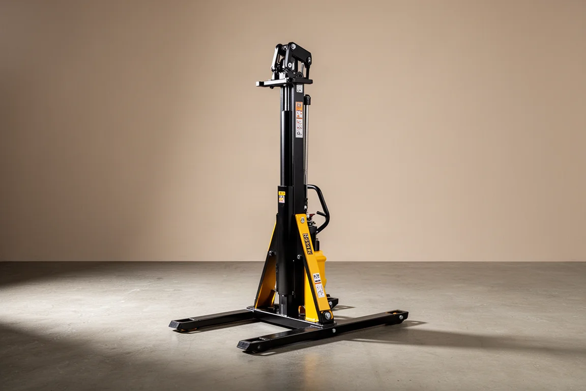Heavy-duty black and yellow construction jack on a concrete floor