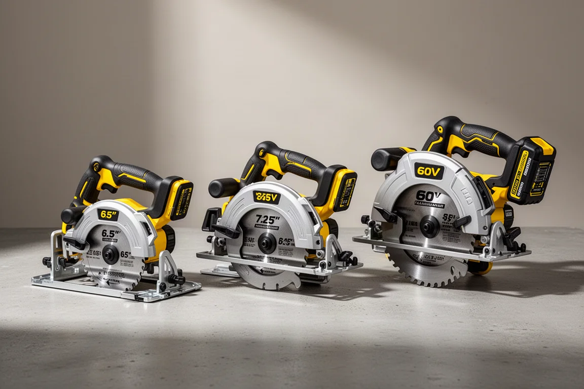 Three DeWalt cordless circular saws side by side on a concrete surface