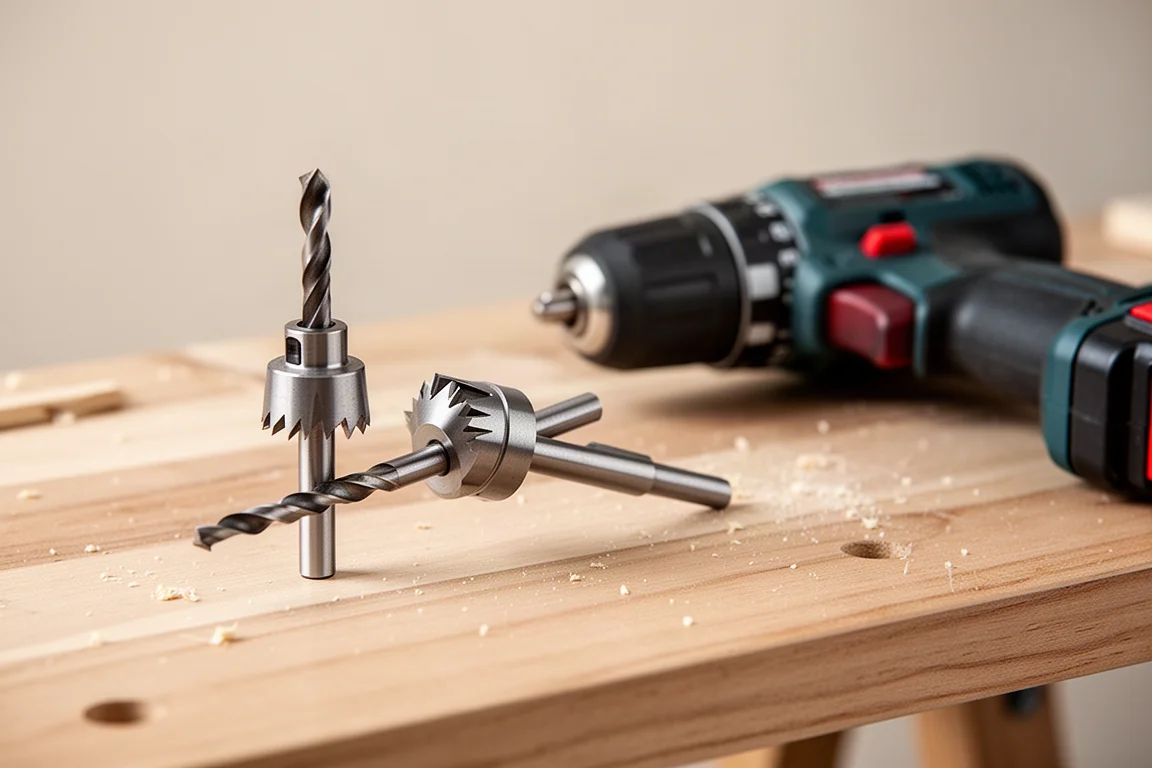 Countersink drill bit with adjustable depth collar held beside a drill