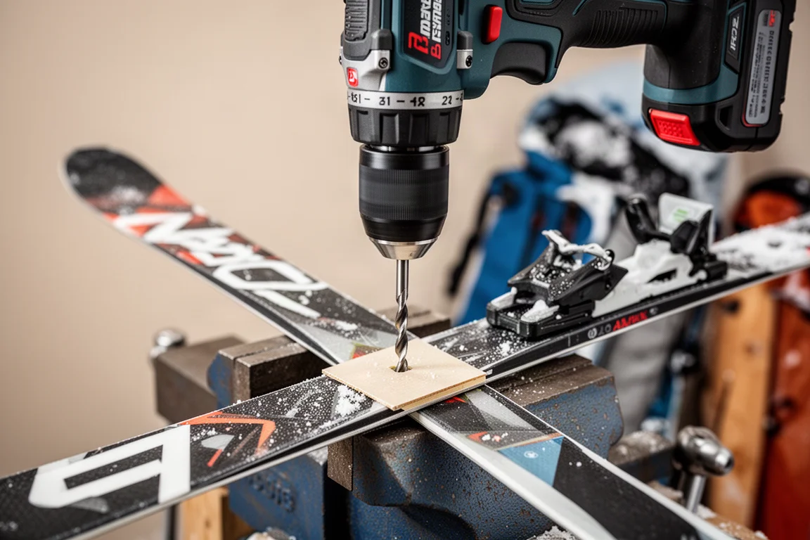 Drill bit drilling into a ski to a controlled depth