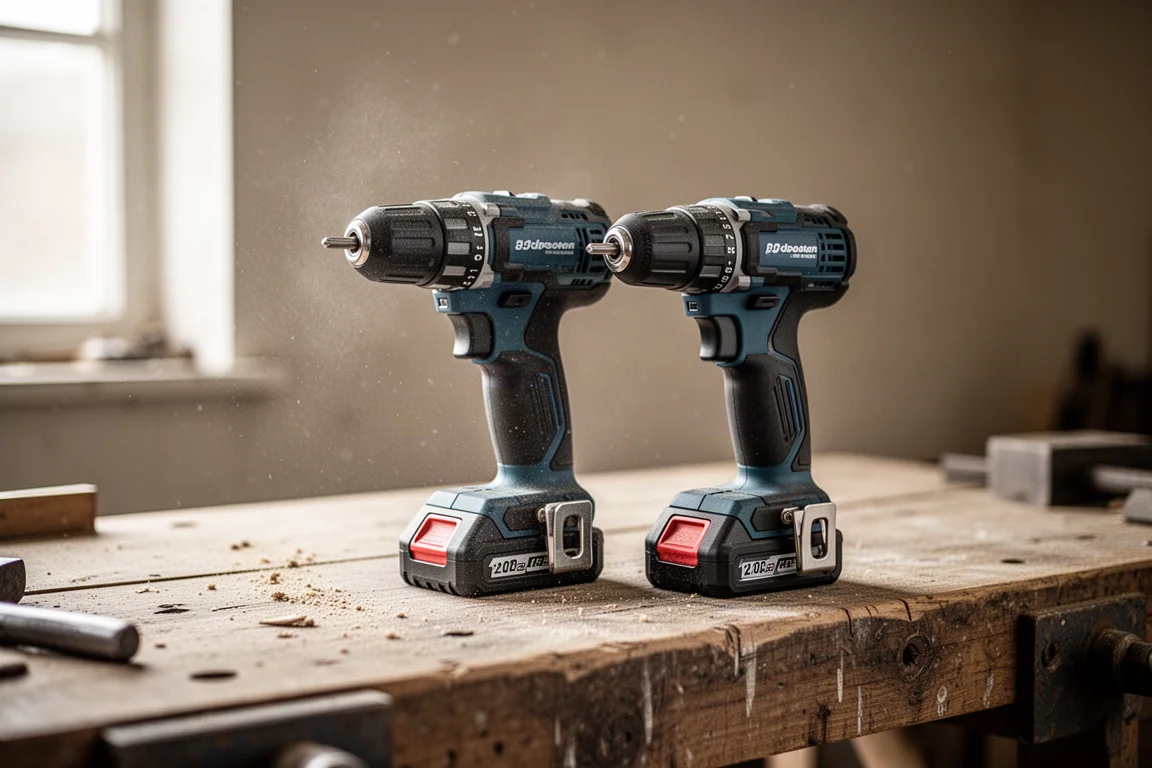 Two compact cordless drill drivers resting on a workbench in a workshop