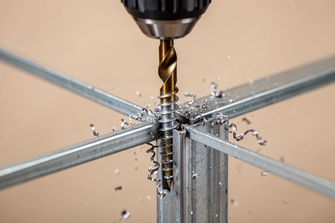 Close-up of a drill bit driving a self-tapping metal screw into steel studs