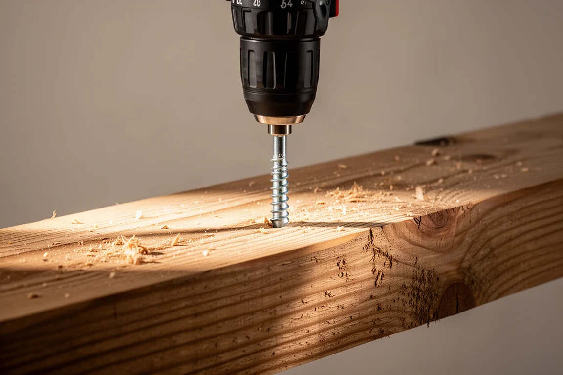 Drill driving a quarter-inch lag bolt into a wooden beam
