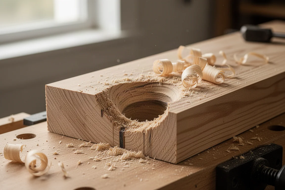 Large bore hole being drilled through a wooden plank with visible sawdust