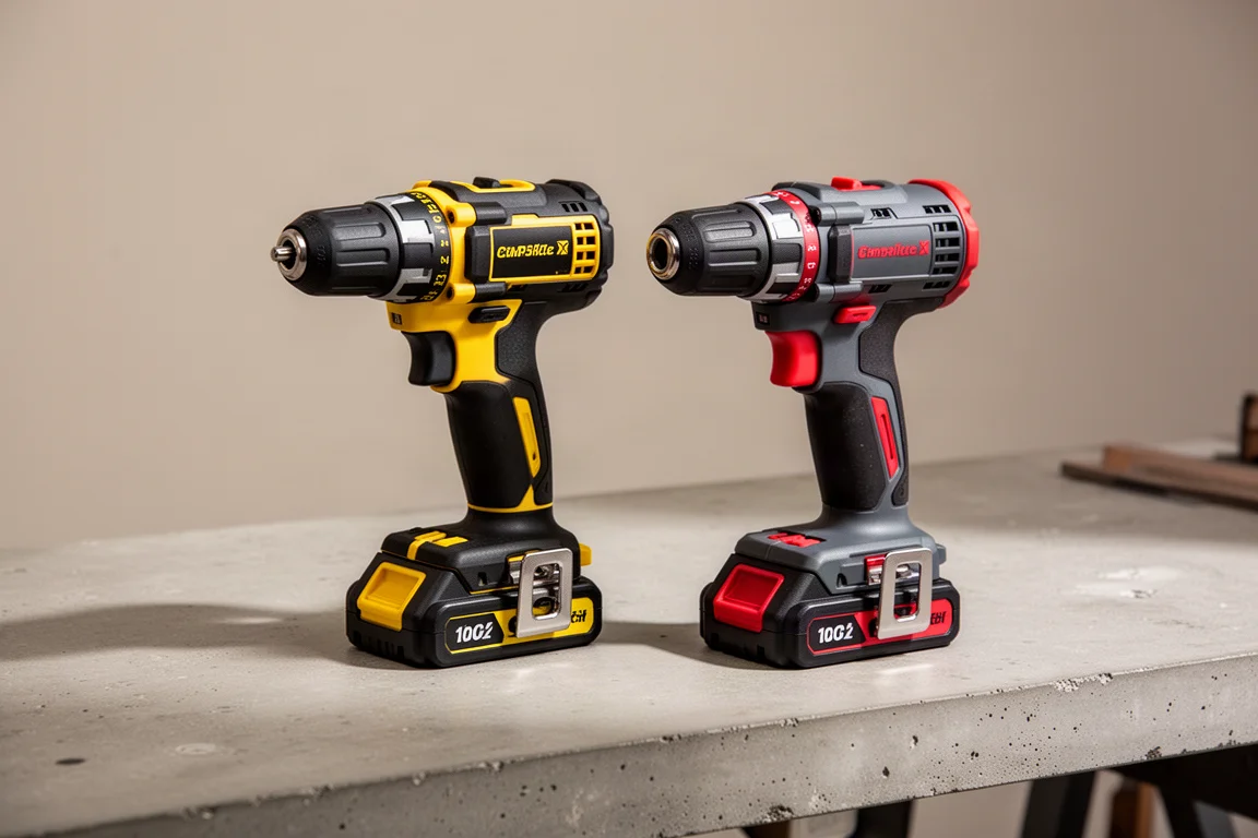 DeWalt D800 and Flex 24V compact drill drivers side by side on a workbench