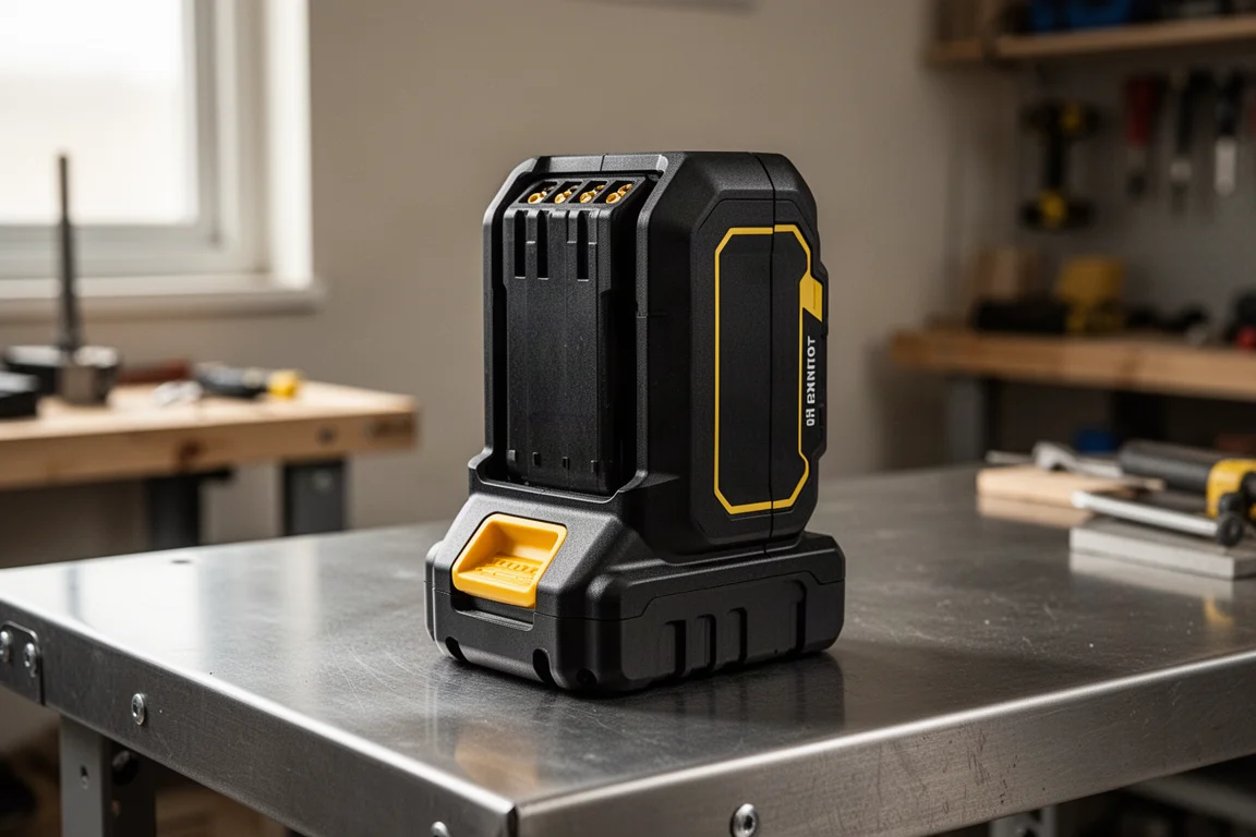 Una grande batteria per utensili cordless in piedi su un banco da officina