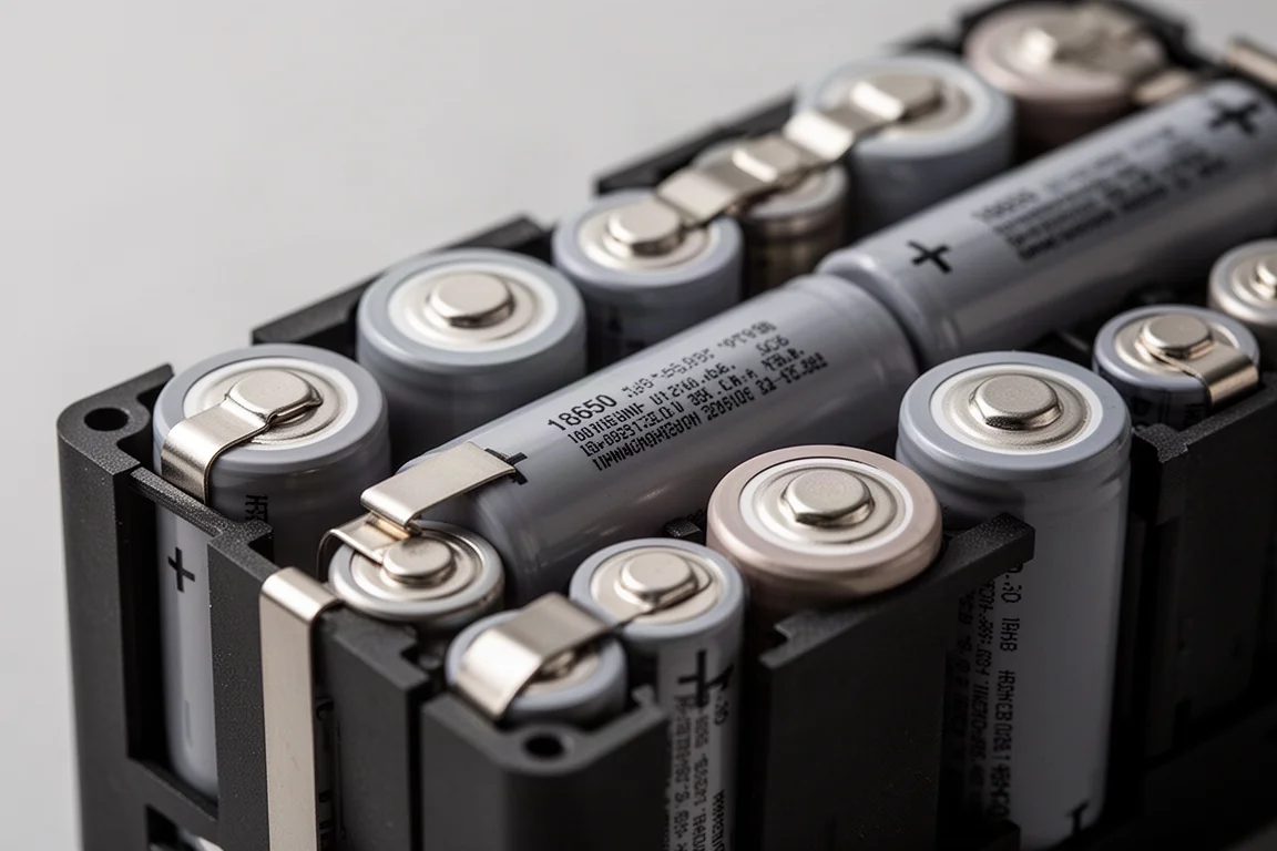 File di celle cilindriche al litio 18650 disposte all'interno di un alloggiamento batteria