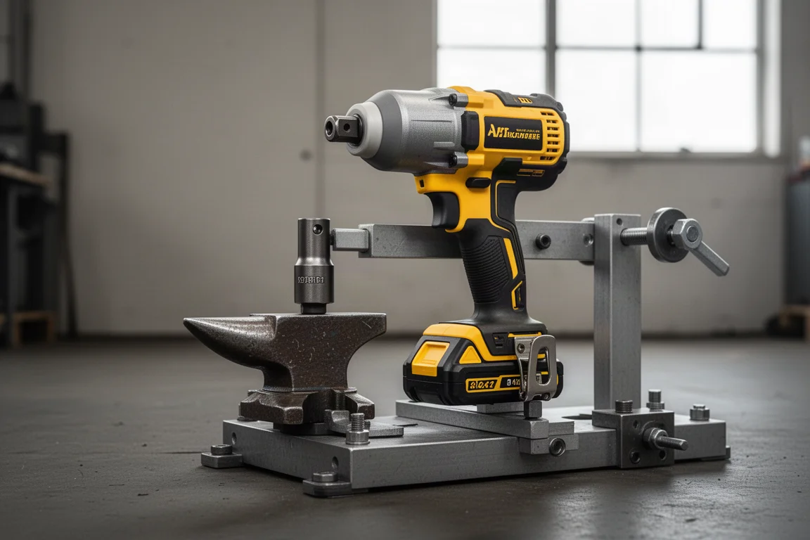 Una chiave ad impulso cordless fissata a un banco di prova in officina