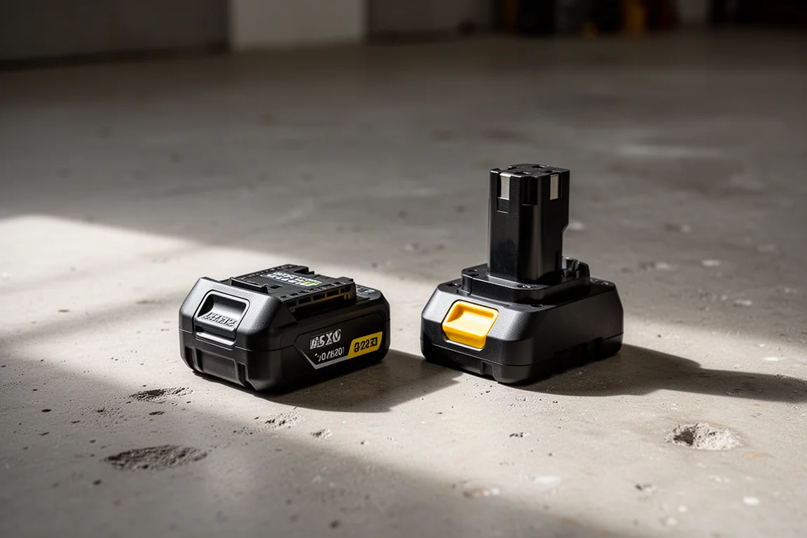 Pacco batteria e caricabatterie disposti su un pavimento di cemento in officina