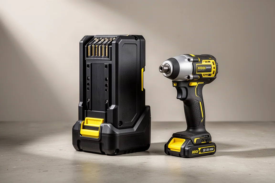 Grande pacco batteria per utensili cordless in stile DeWalt appoggiato su una superficie di cemento