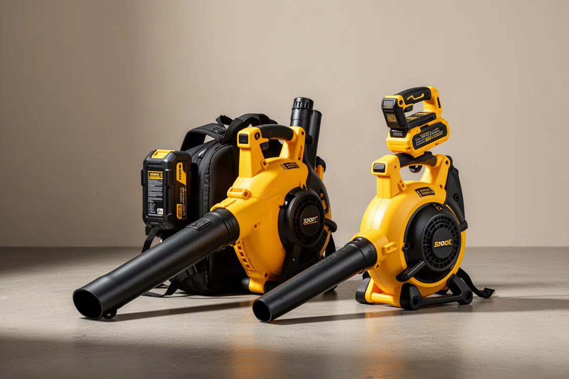 Two yellow and black cordless backpack blowers side by side on concrete