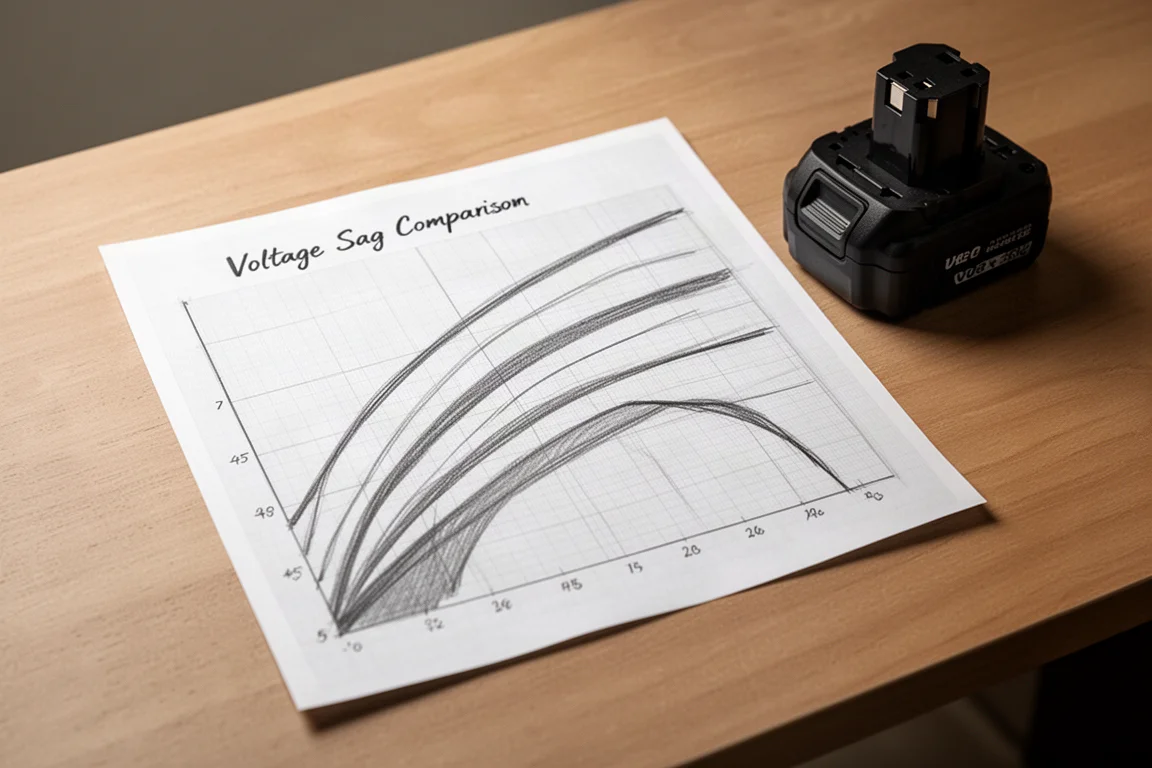 Gráfico de caída de voltaje estilo osciloscopio dibujado en papel junto a una batería