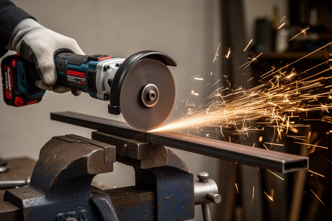 Herramienta de corte cortando metal con chispas brillantes en un taller