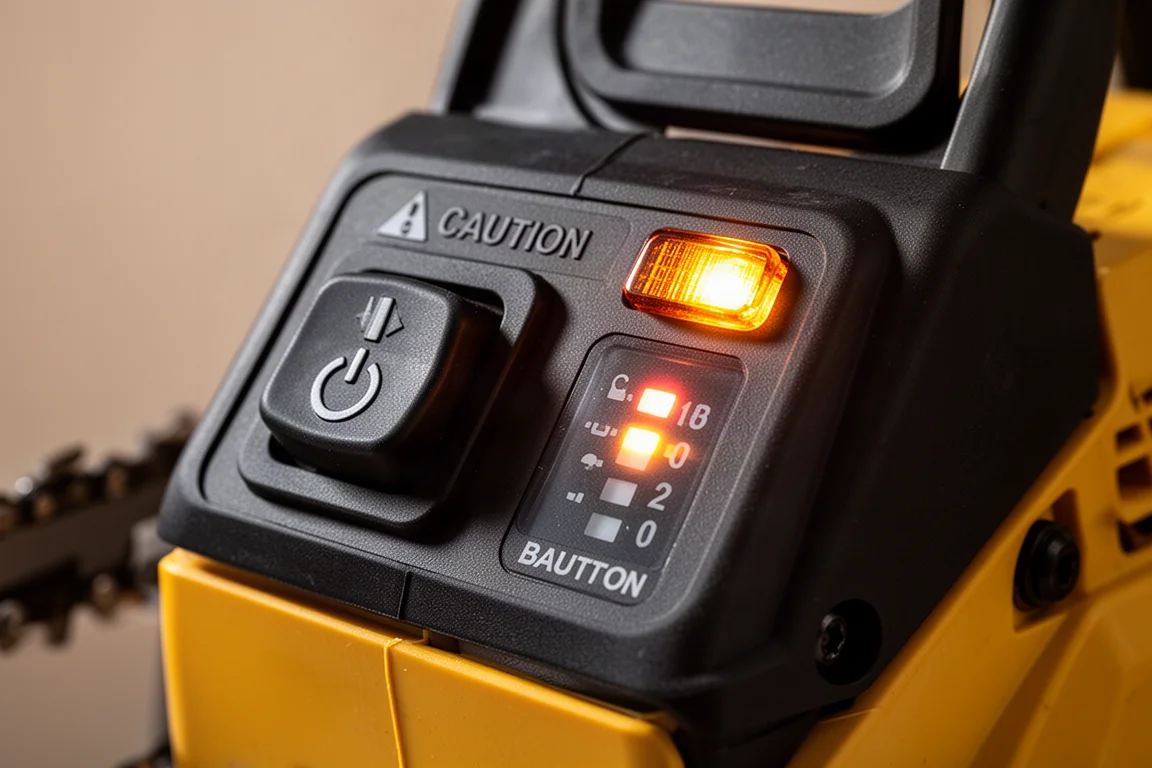 Primo piano del pannello comandi di una motosega con pulsante di accensione, spie luminose e indicatore di batteria