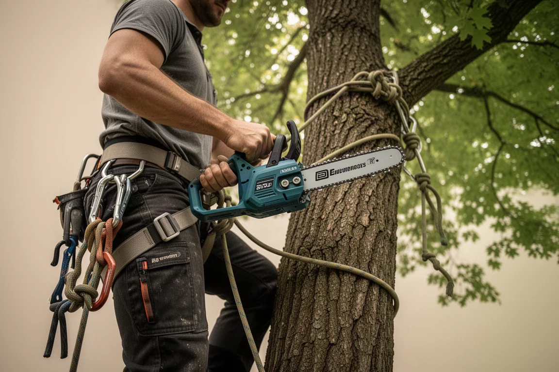 Arboricoltore al lavoro con una motosega leggera ad impugnatura superiore in alto su un albero