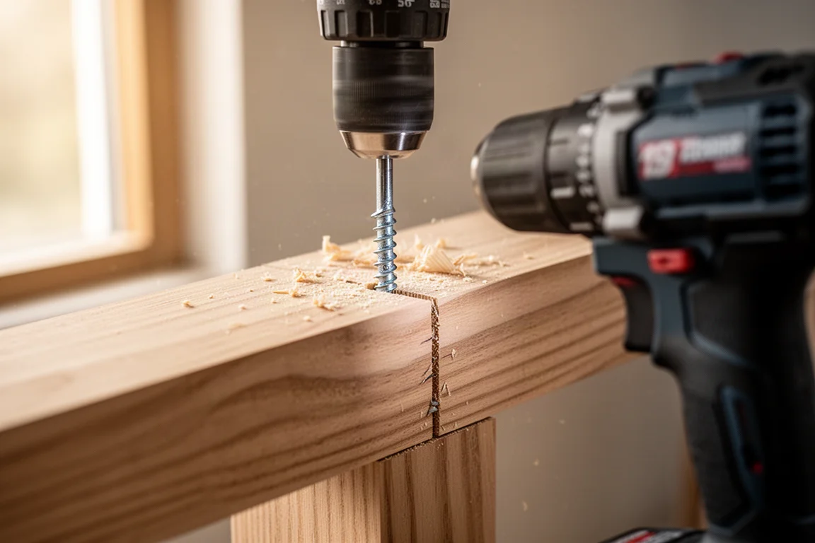 Cordless hammer drill driving a large lag bolt into a wooden beam