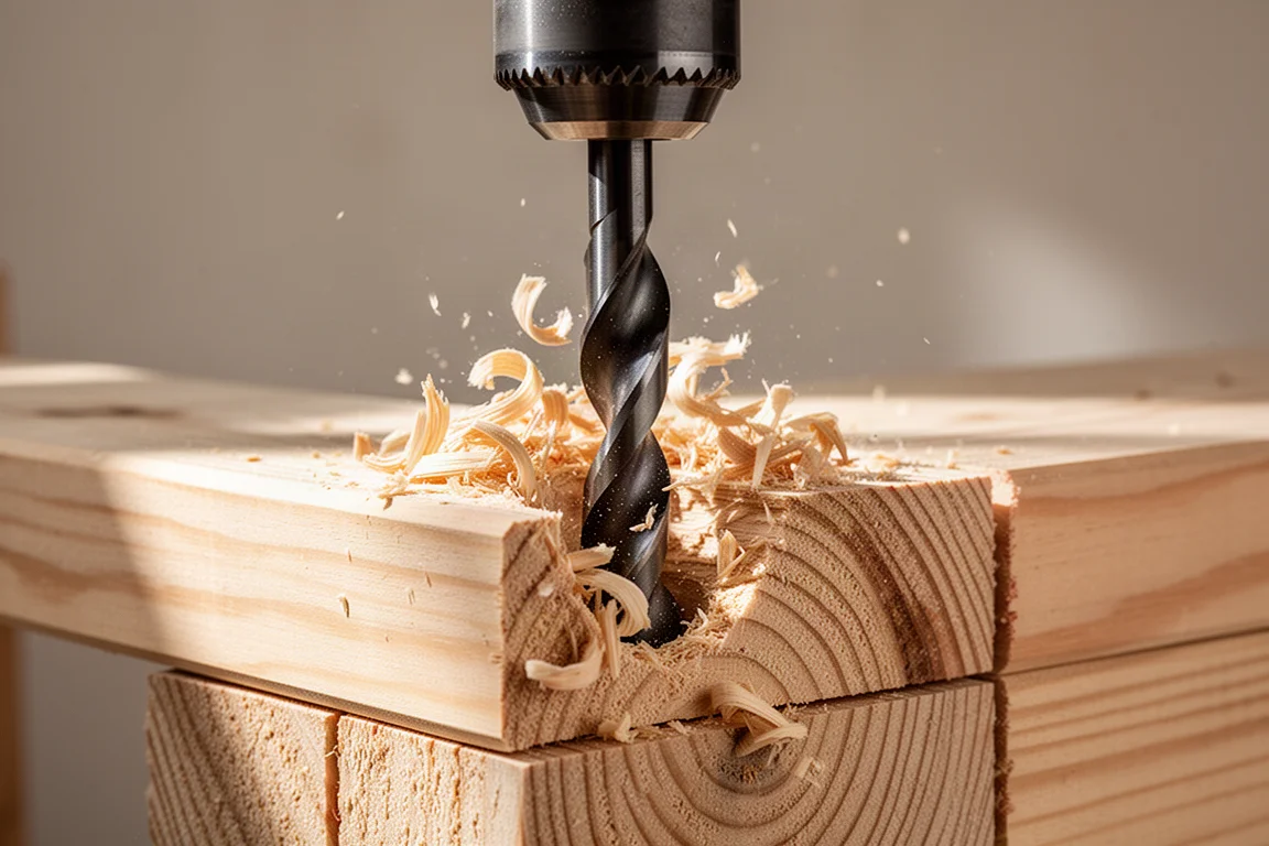 Large self-feed bit boring a clean hole through stacked wooden studs