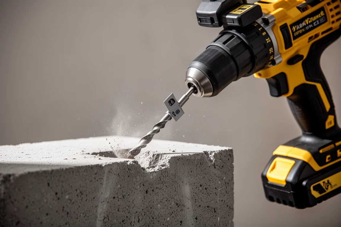 Hammer drill boring a hole into a concrete block with a masonry bit