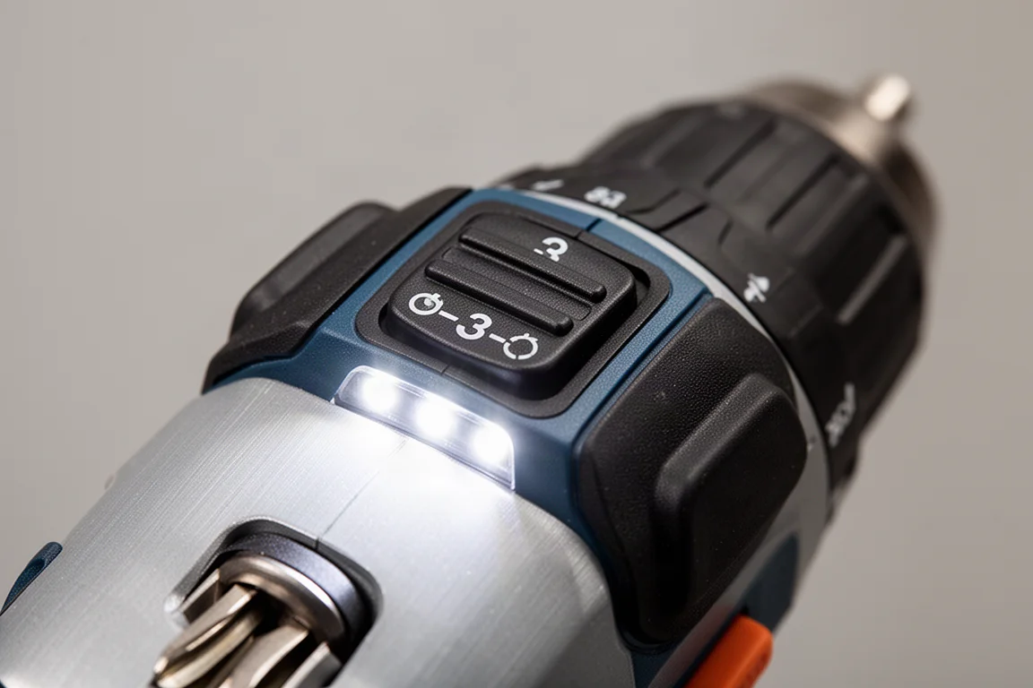 Close-up of a drill's top-mounted speed selector and three-position LED work light
